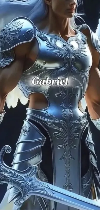 Angel warrior in detailed silver armor with wings.