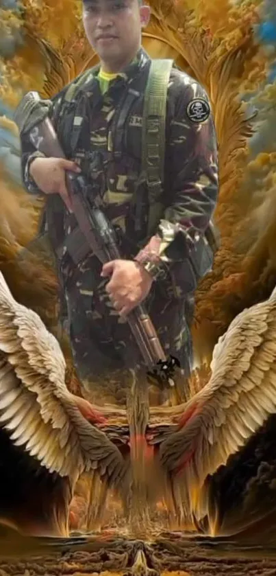 Angel soldier with wings and camouflage in artistic wallpaper.