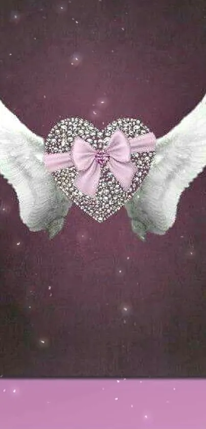 Heart with wings and pink bow on plum background wallpaper.