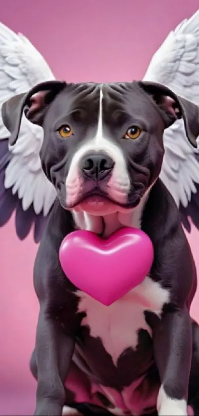 Cute dog with angel wings and pink heart mobile wallpaper.