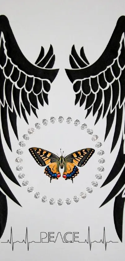 Artistic wallpaper with angel wings and central butterfly symbolizing peace.