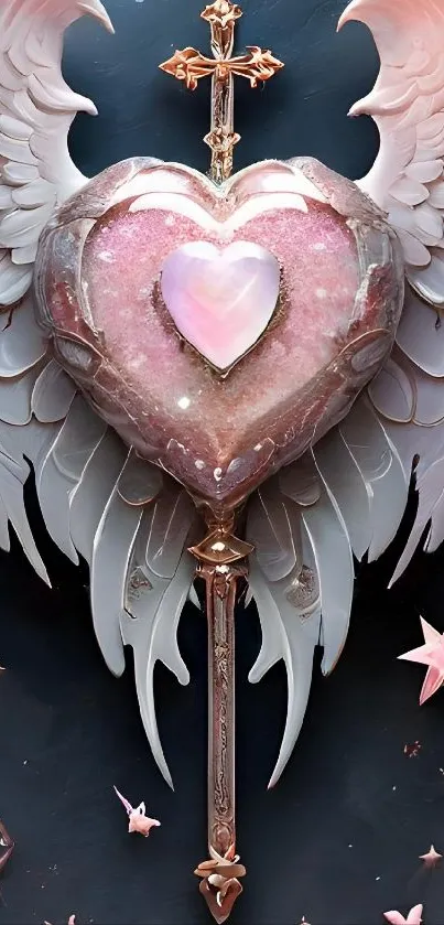 Mobile wallpaper with angel wings and a pink heart on a starry background.