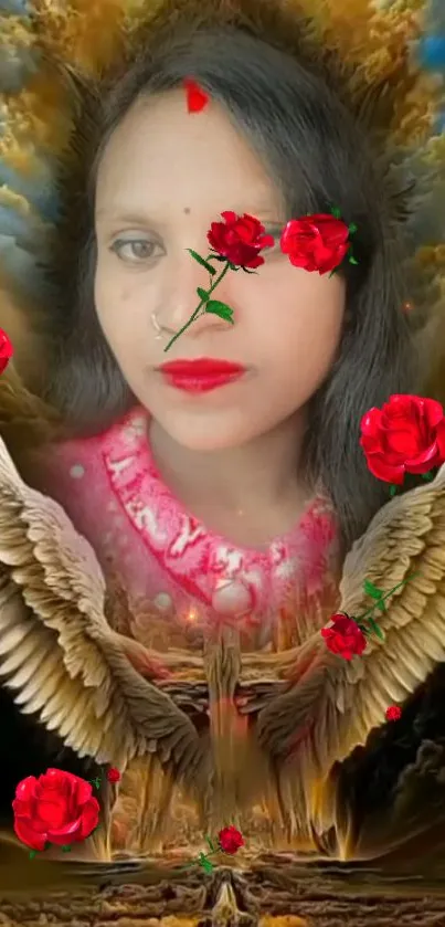 Woman with angel wings and red roses in ethereal art