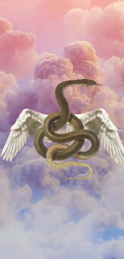 Snake entwined with angel wings amid pastel clouds.