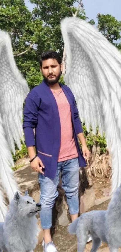 Fantasy wallpaper with angel wings and wolves.