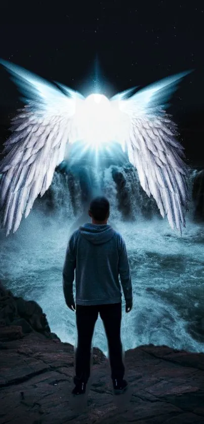 Night scene with glowing angel wings over a waterfall.