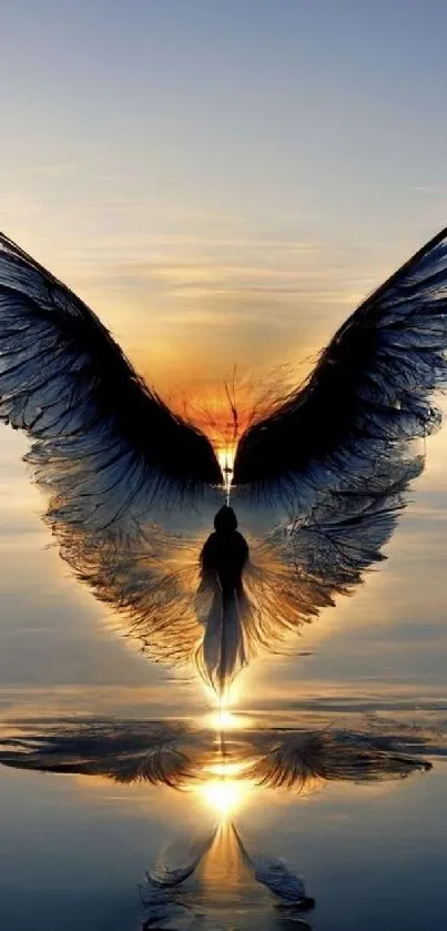 Silhouette of angelic wings reflected in sunset waters.