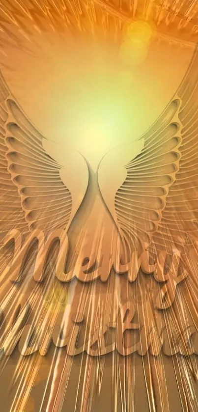 Golden angel Merry Christmas wallpaper with elegant wings.