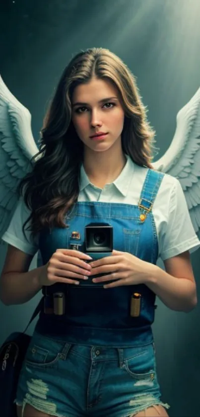 Angel-winged woman holding camera in serene mobile wallpaper.