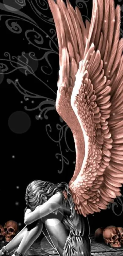 Mobile wallpaper of pink angel wings on a black background.