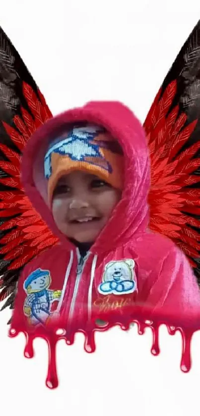 Child with angel wings on a vibrant mobile wallpaper.