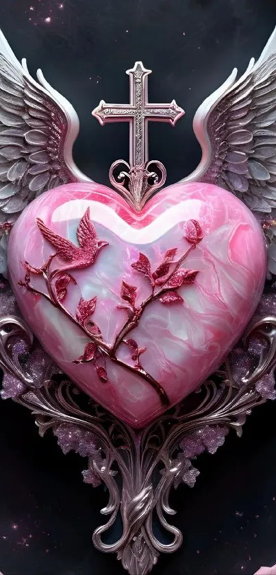 Pink heart with angel wings and cross adorned with roses.