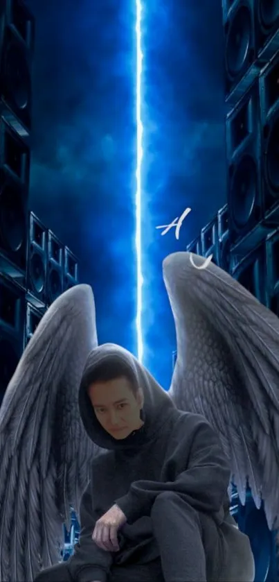 Angel with wings sitting in front of towering speakers and blue lightning sky.