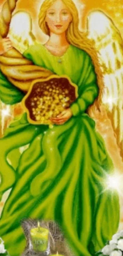 Heavenly angel with golden cornucopia and green robes.