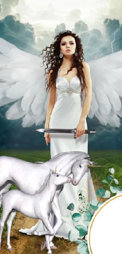 Fantasy wallpaper featuring an angel with wings and a white horse on a grassy field.