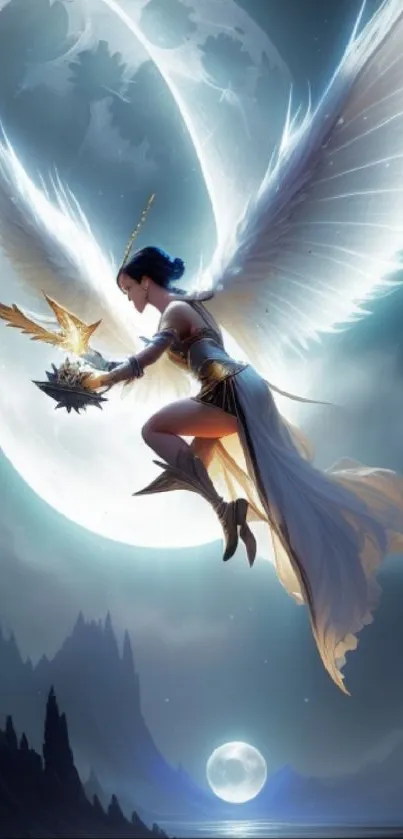 Mystical angel with glowing wings under a moonlit sky, fantasy wallpaper.