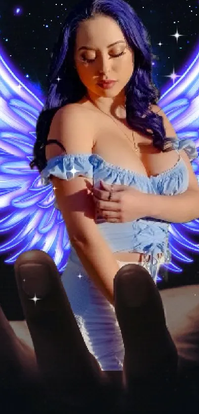 An angel with neon purple wings against a cosmic starry background.