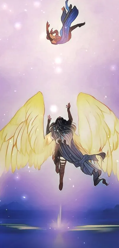 Angel with radiant yellow wings in purple sky wallpaper.