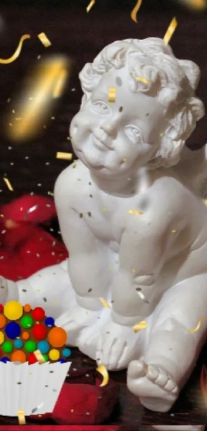 Angel statue with red roses and confetti on dark wooden background.