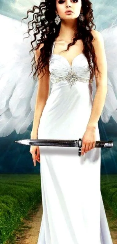 Angel in white dress holding a sword.