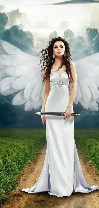 Elegant angel with wings and sword on a green path.