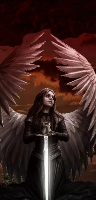 Angel holding sword against a red sky.