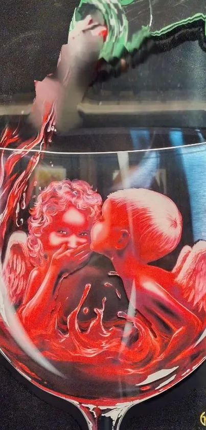 Angelic figures in swirling red wine glass design.