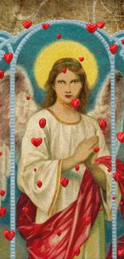 Angel with halo and wings surrounded by red hearts on a blue textured background.