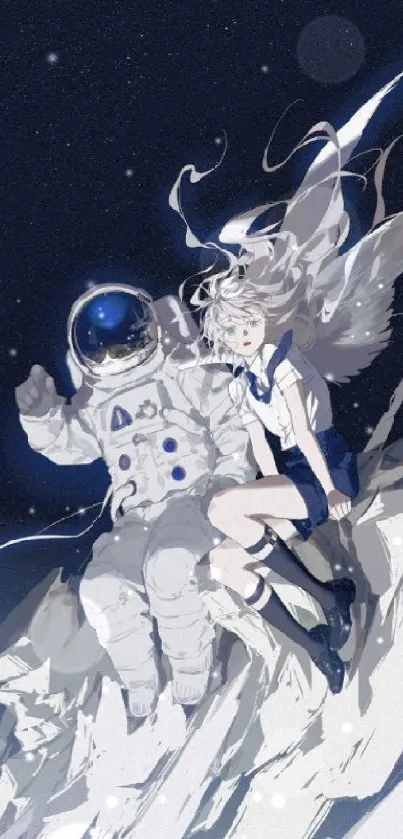 Astronaut and angelic figure sitting on a white rock in a cosmic background.