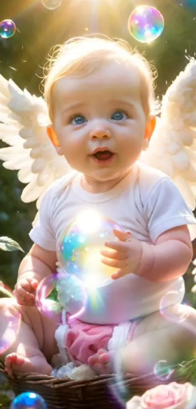 Angelic baby with wings and bubbles in a serene scene.