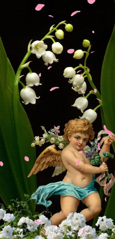 Cherub with flowers and greenery wallpaper design.