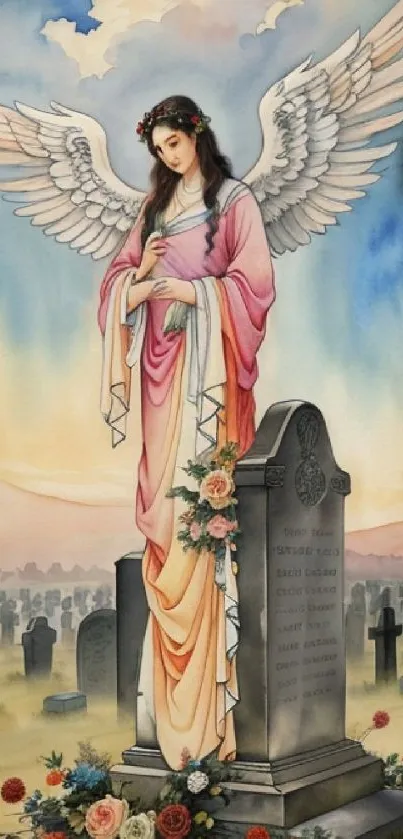 Illustrated angel in cemetery with wings and serene background