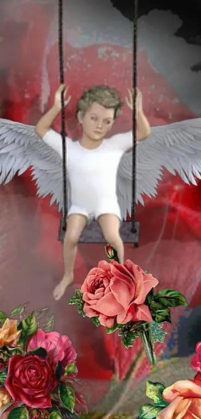 Winged child on swing surrounded by vibrant roses and fantasy backdrop.