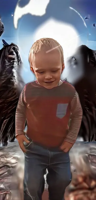 Child with angel wings and dark night sky background.