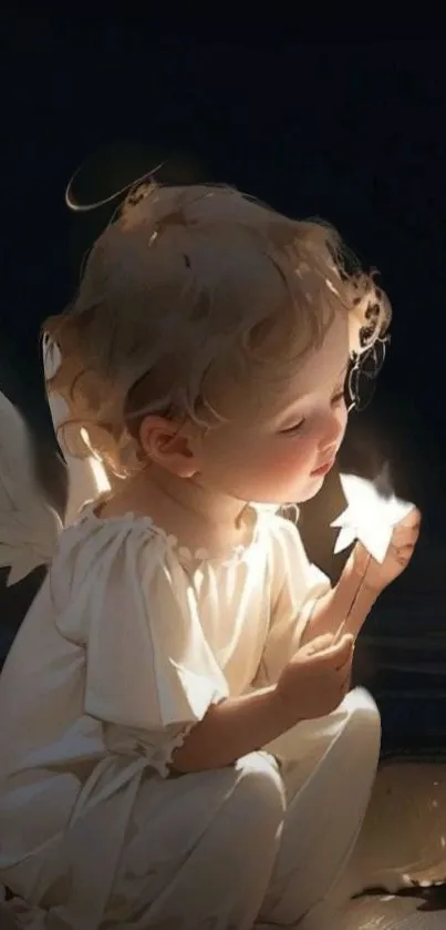 Angelic child holding a glowing star in soft lighting.