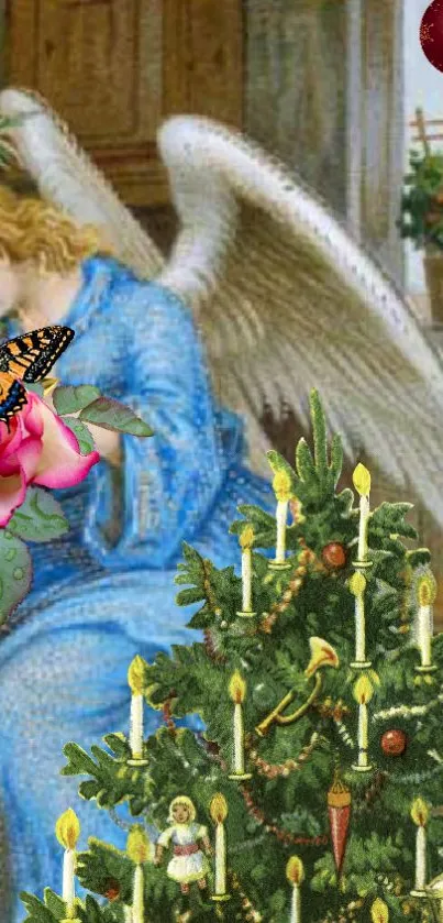 Blue angel with Christmas tree and butterfly art.