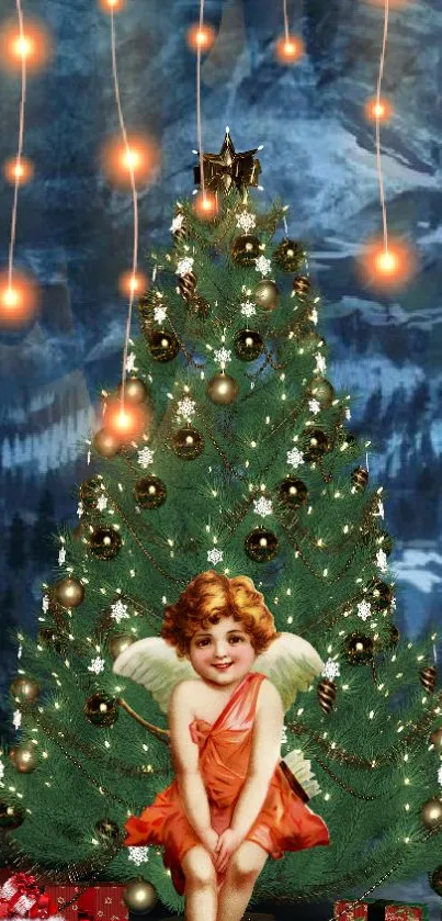 Angelic figure on festive Christmas tree with golden lights.