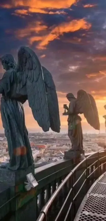 Majestic angels overlooking a sunset cityscape.