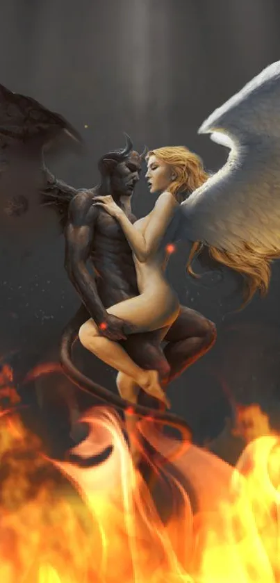 Angel and devil intertwined over flames, creating a dramatic fantasy art scene.