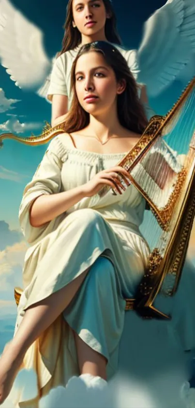 Angelic figures with harp and wings in a sky-themed wallpaper.