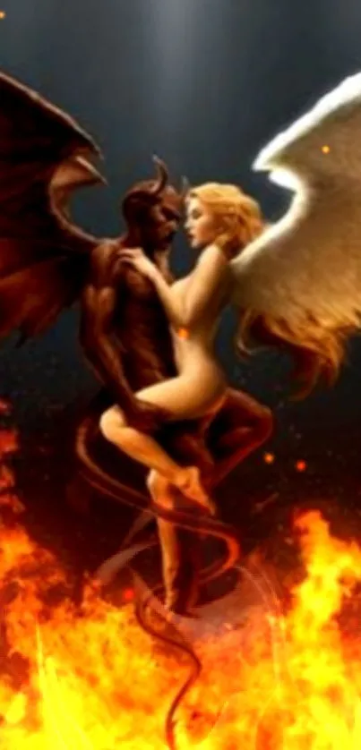 Angel and demon embrace amidst fiery orange flames.