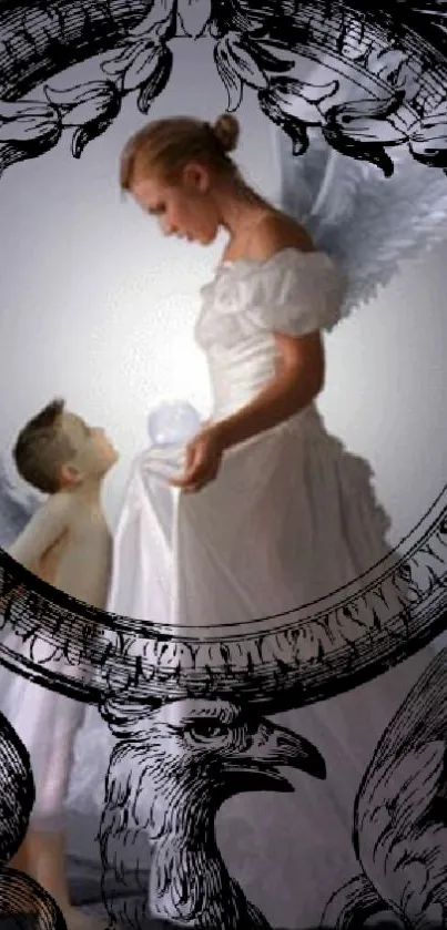 Elegant angelic figure with a child in serene design.