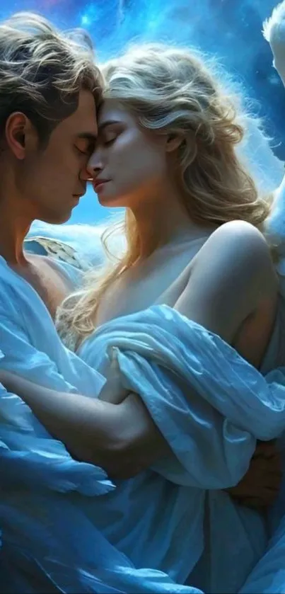 Angelic couple embracing in celestial blue hue.