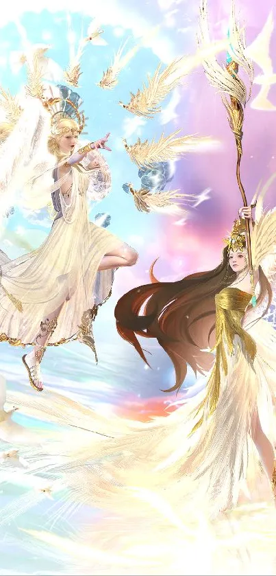 Angelic fantasy wallpaper with heavenly beings and ethereal colors.