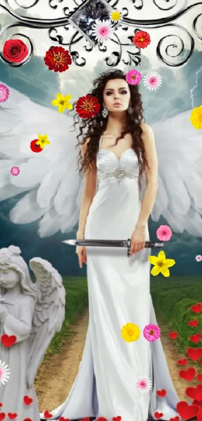 Fantasy angel wallpaper with dramatic sky and lush green fields.