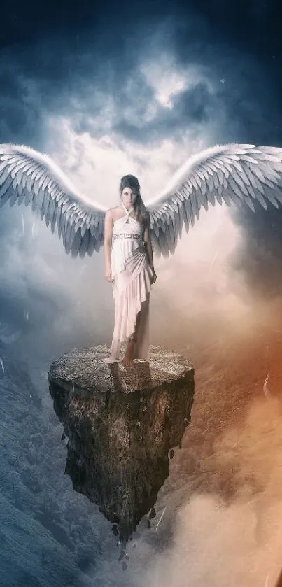 Ethereal angel stands on a floating island with wings spread wide, surrounded by light.