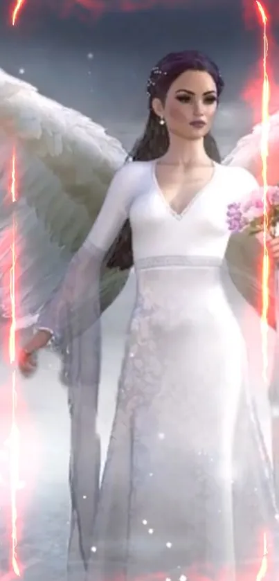 Beautiful angel in white dress with wings amid fiery light.