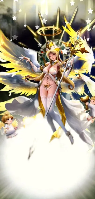 Ethereal angelic figure with golden wings in a celestial fantasy setting.