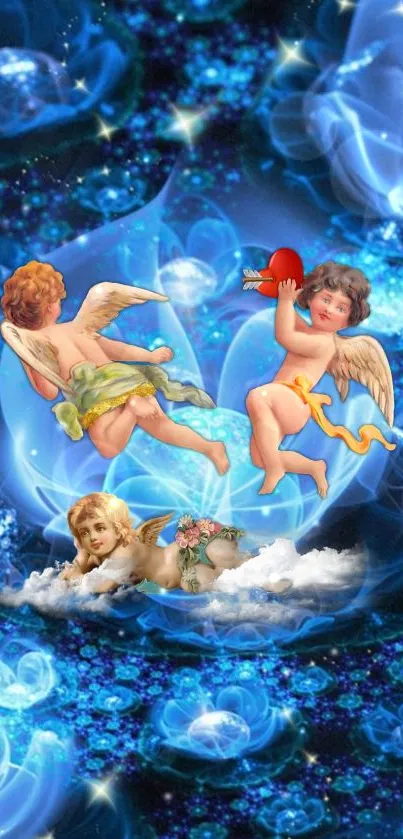 Cherubic angels on a mystical blue abstract background mobile wallpaper.