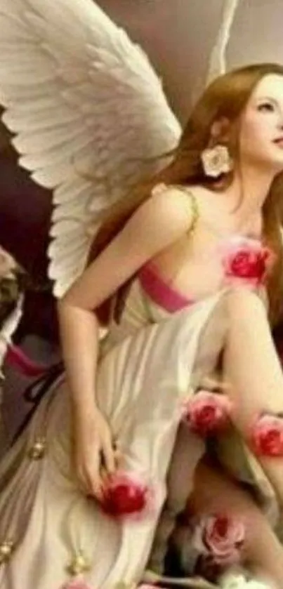 Angelic woman with wings and roses in a soft fantasy setting.